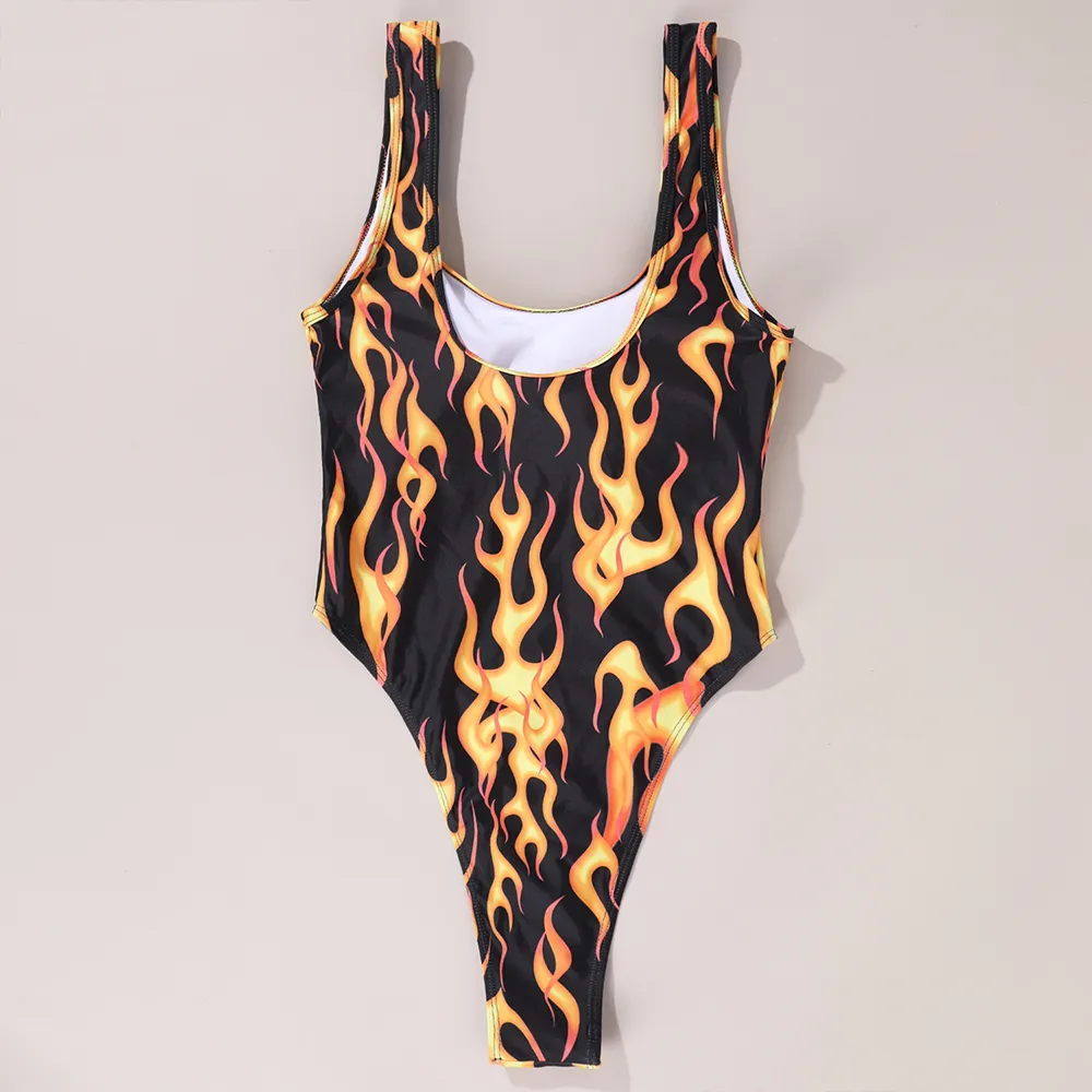 Fire Print Vintage Bandage One Piece Swimsuit