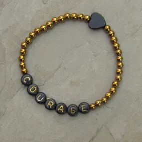 Gold Hematite and Onyx gemstone Heart COURAGE bracelet