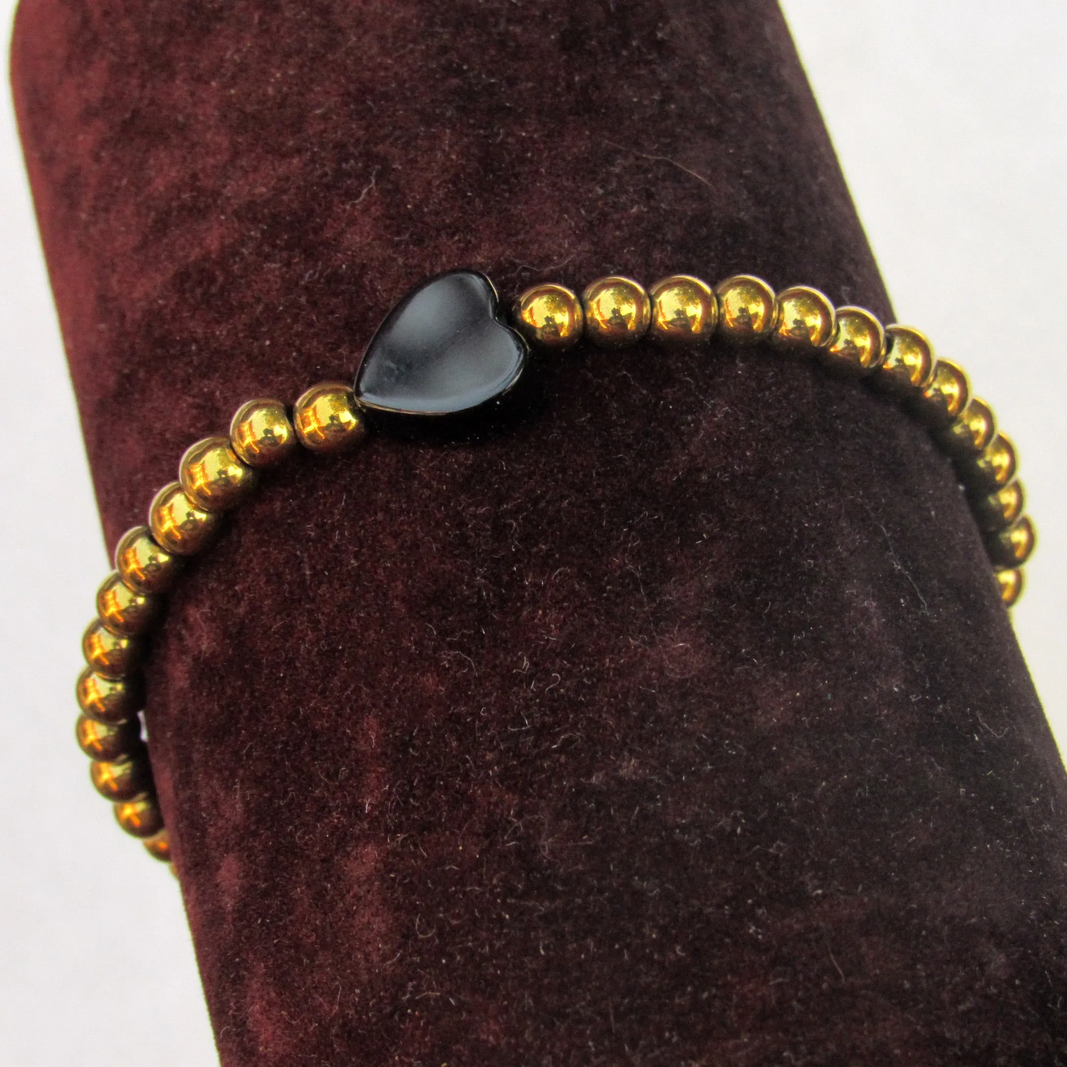 Gold Hematite and Onyx gemstone Heart COURAGE bracelet