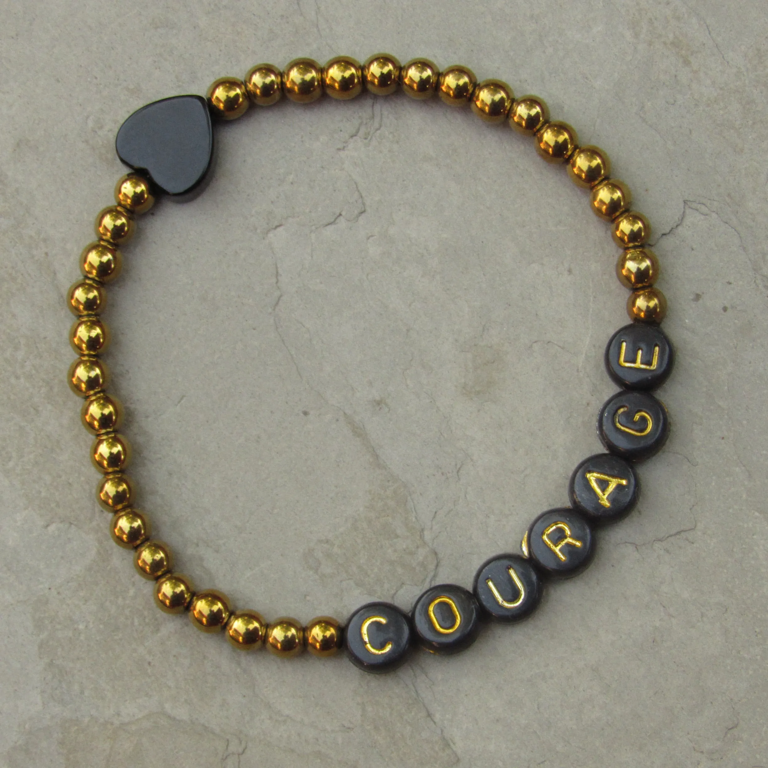 Gold Hematite and Onyx gemstone Heart COURAGE bracelet