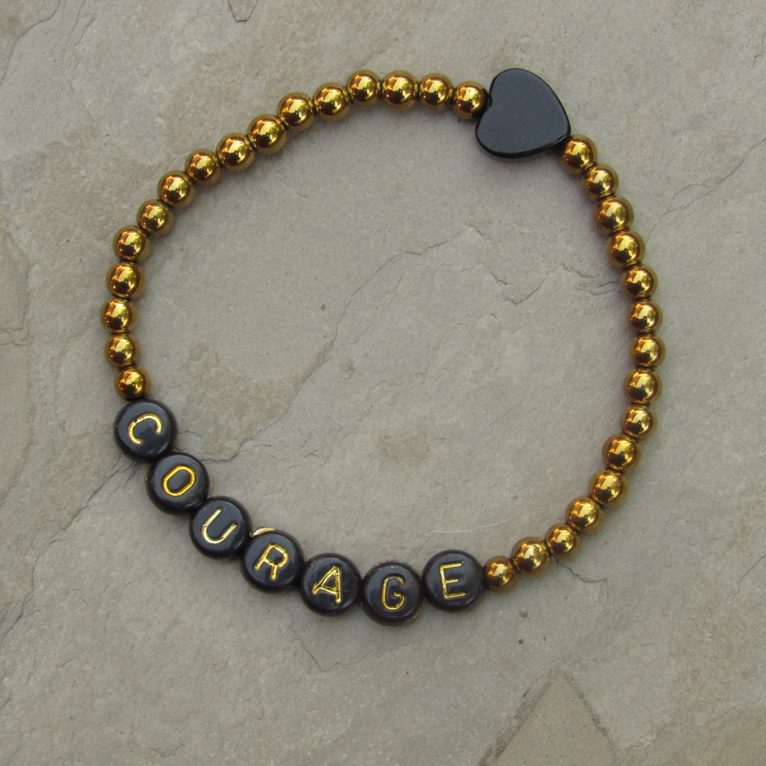 Gold Hematite and Onyx gemstone Heart COURAGE bracelet