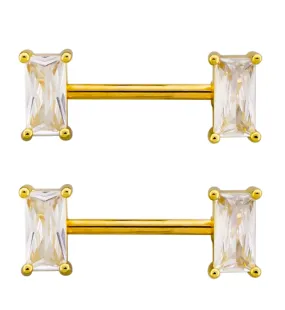 Gold PVD Baguette Clear CZ Stainless Steel Nipple Barbell