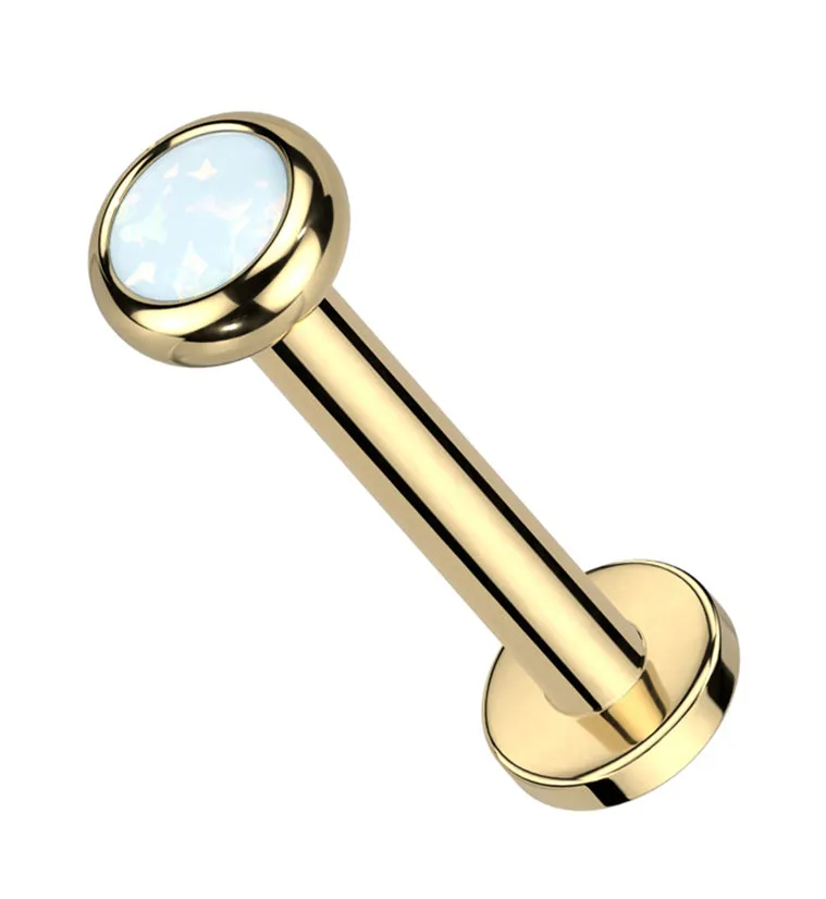 Gold PVD Flat Bezel White Opalite Internally Threaded Titanium Labret