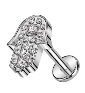 Hamsa Hand Clear CZ Internally Threaded Titanium Labret