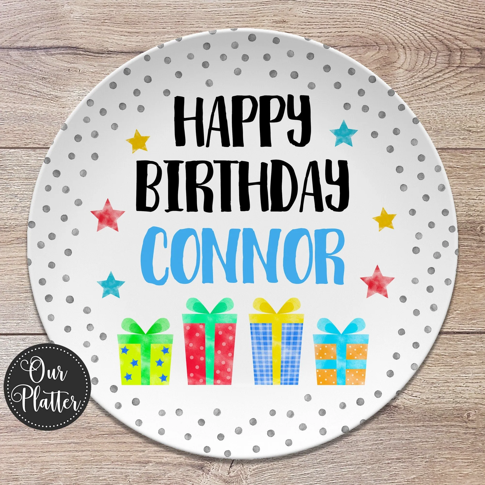 Happy Birthday Gifts Dots Stars Personalized Plate