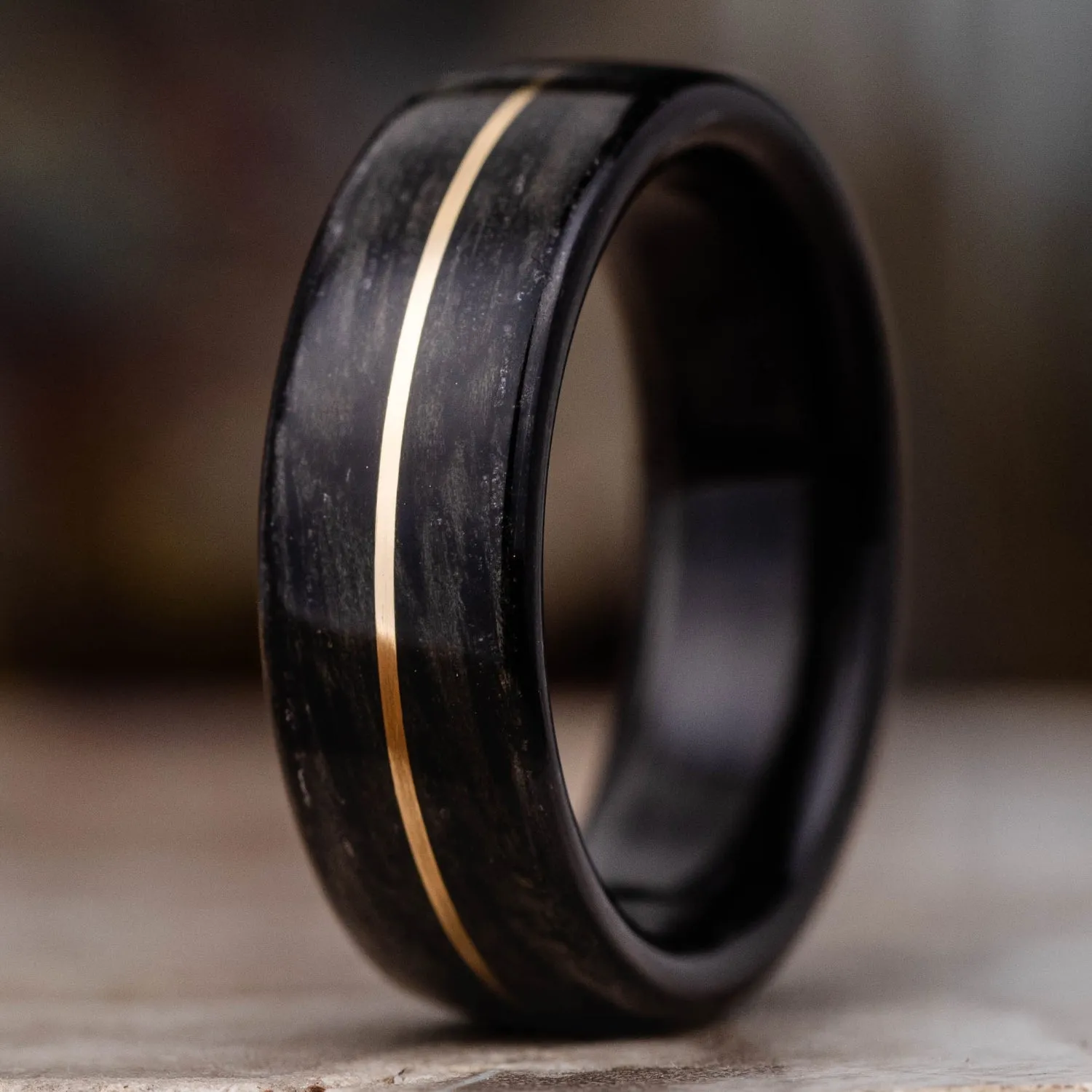 (In-Stock) The Whiskey Neat - Men's Whiskey Barrel Wood Ring - 14k Yellow Gold Inlay - Size 8.5 | 7mm Wide