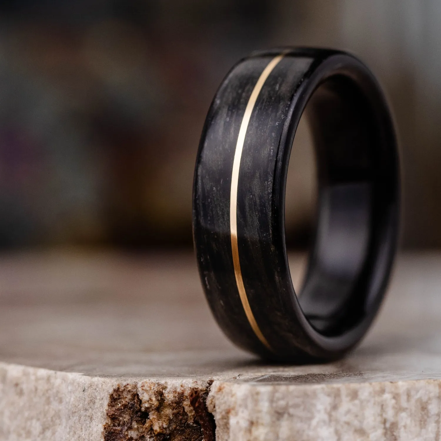 (In-Stock) The Whiskey Neat - Men's Whiskey Barrel Wood Ring - 14k Yellow Gold Inlay - Size 8.5 | 7mm Wide