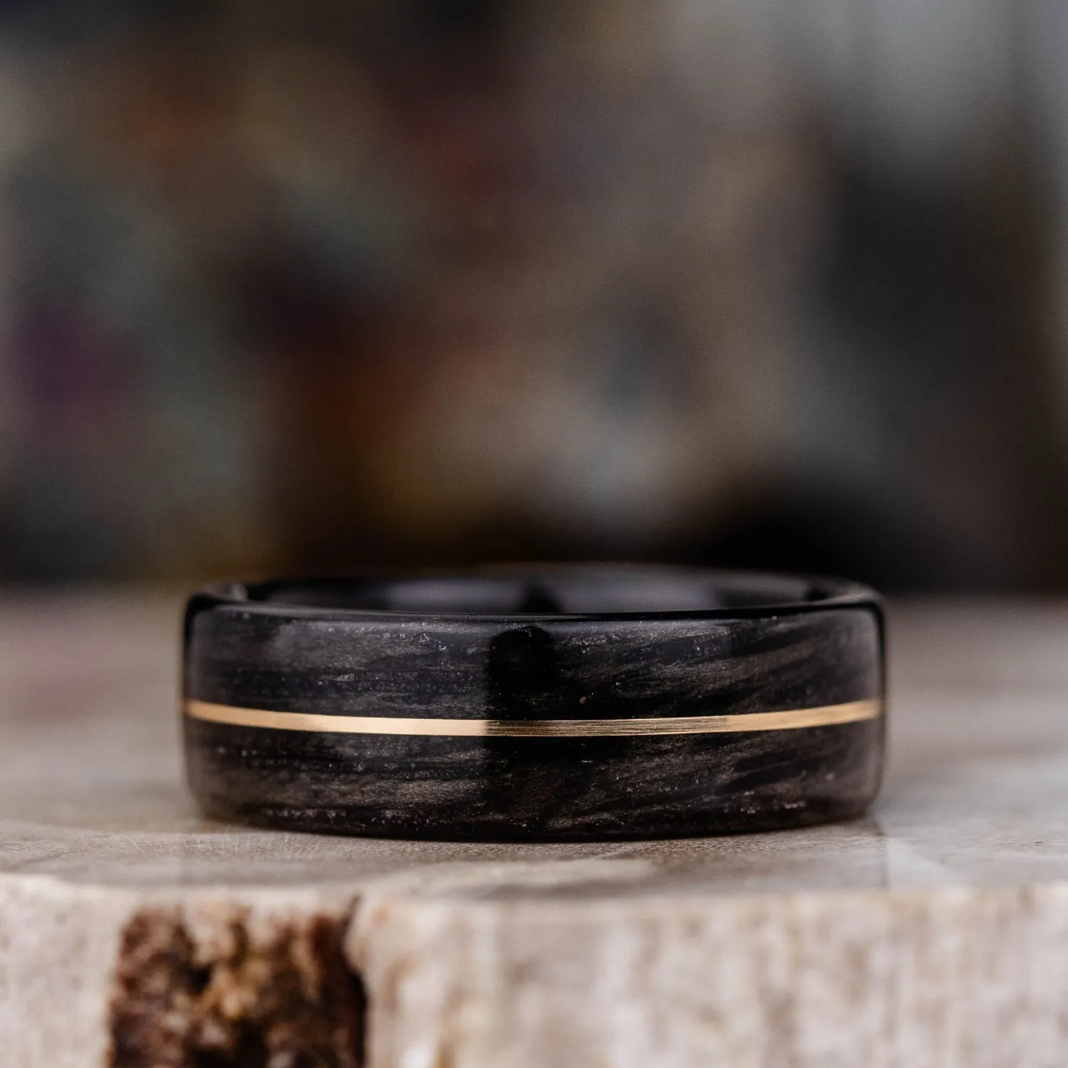 (In-Stock) The Whiskey Neat - Men's Whiskey Barrel Wood Ring - 14k Yellow Gold Inlay - Size 8.5 | 7mm Wide