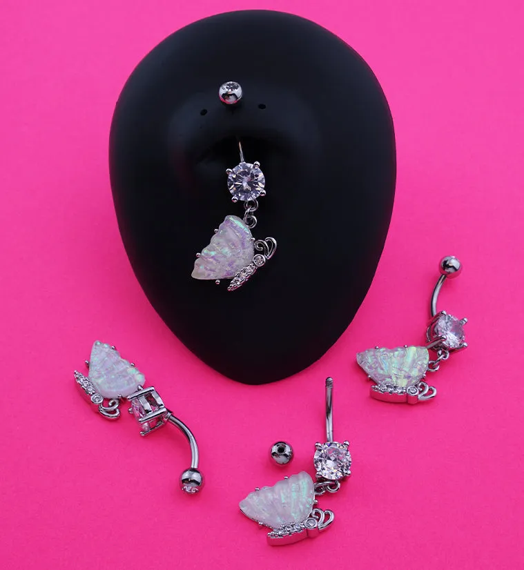 Iridescent Butterfly Wing Clear CZ Stainless Steel Belly Button Ring