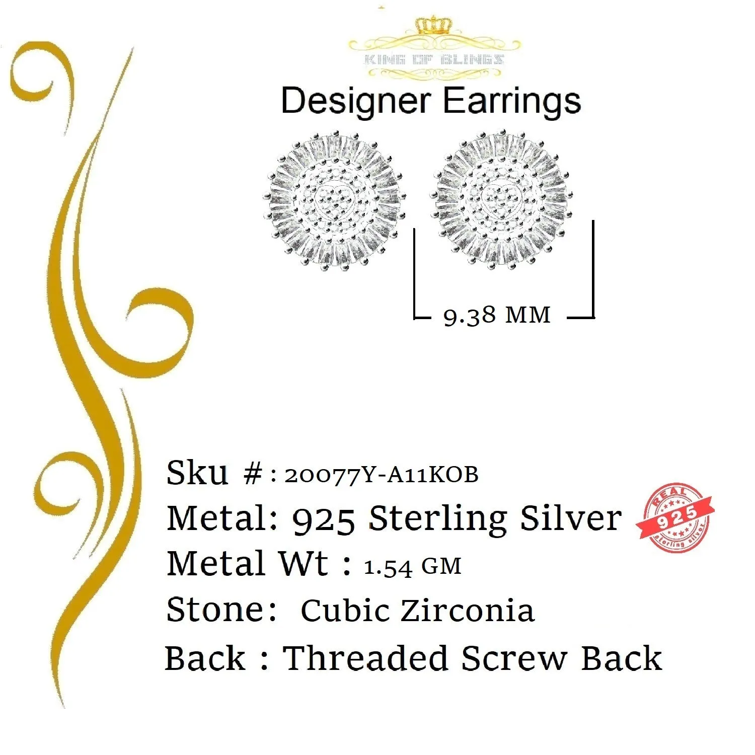 King of Bling's Yellow 925 Sterling Silver 0.24ct Cubic Zirconia For Women's Round Earrings