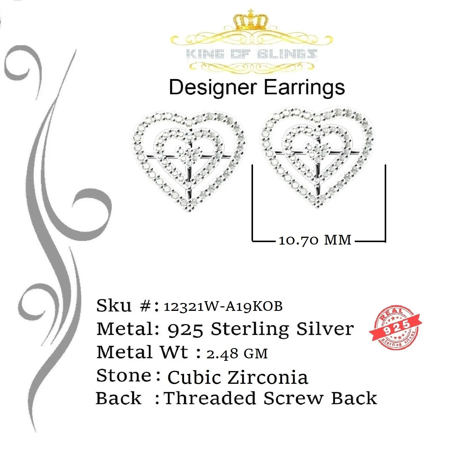 King of Blings- 925 White Silver 1.07ct Cubic Zirconia Women's & Men's Hip Hop Heart Earrings