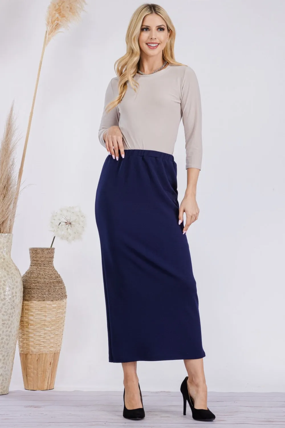 Laura Ann Navy Pencil Skirt-Textured (Regular & Plus)