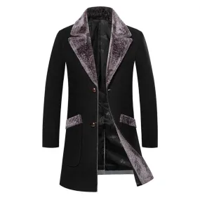 Men's Fur Collar Long Trench Coats Lapel Winter Wool Blend Jackets Single Breasted Overcoat | 224-8919