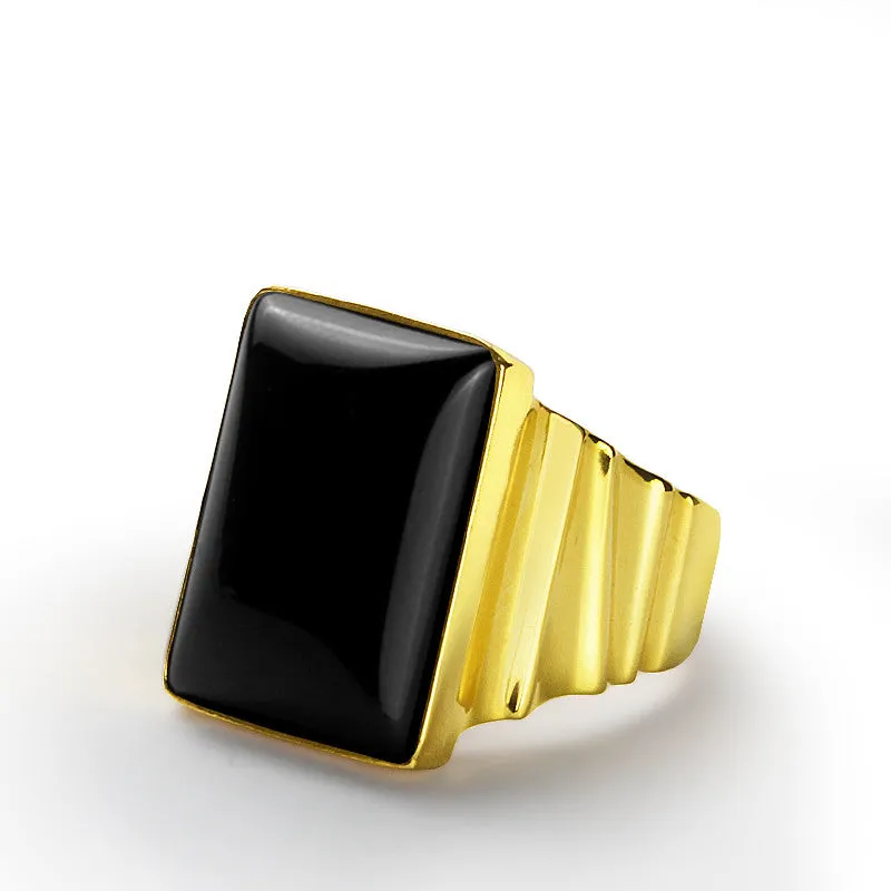 Men's Statement Ring in 10k Yellow Gold with Natural Black Onyx Stone