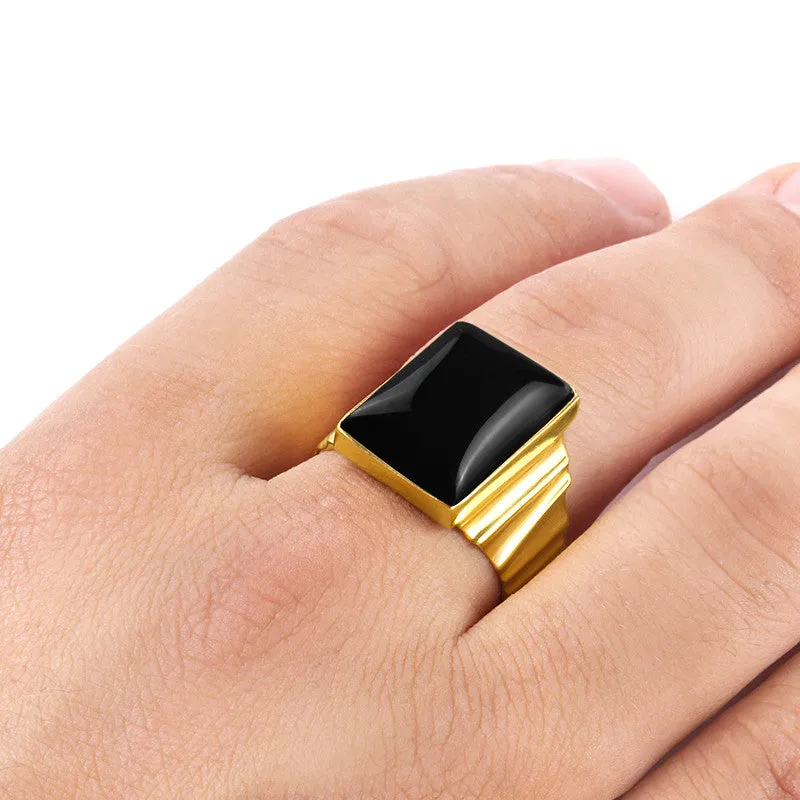 Men's Statement Ring in 10k Yellow Gold with Natural Black Onyx Stone