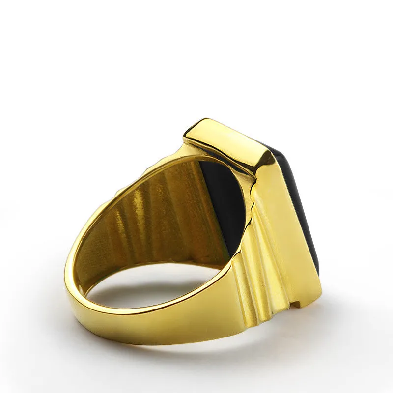 Men's Statement Ring in 10k Yellow Gold with Natural Black Onyx Stone