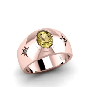 Men's Wind Rose Yellow Citrine Wedding Ring Wide Band 18k Rose Gold with Diamonds Fine Jewelry