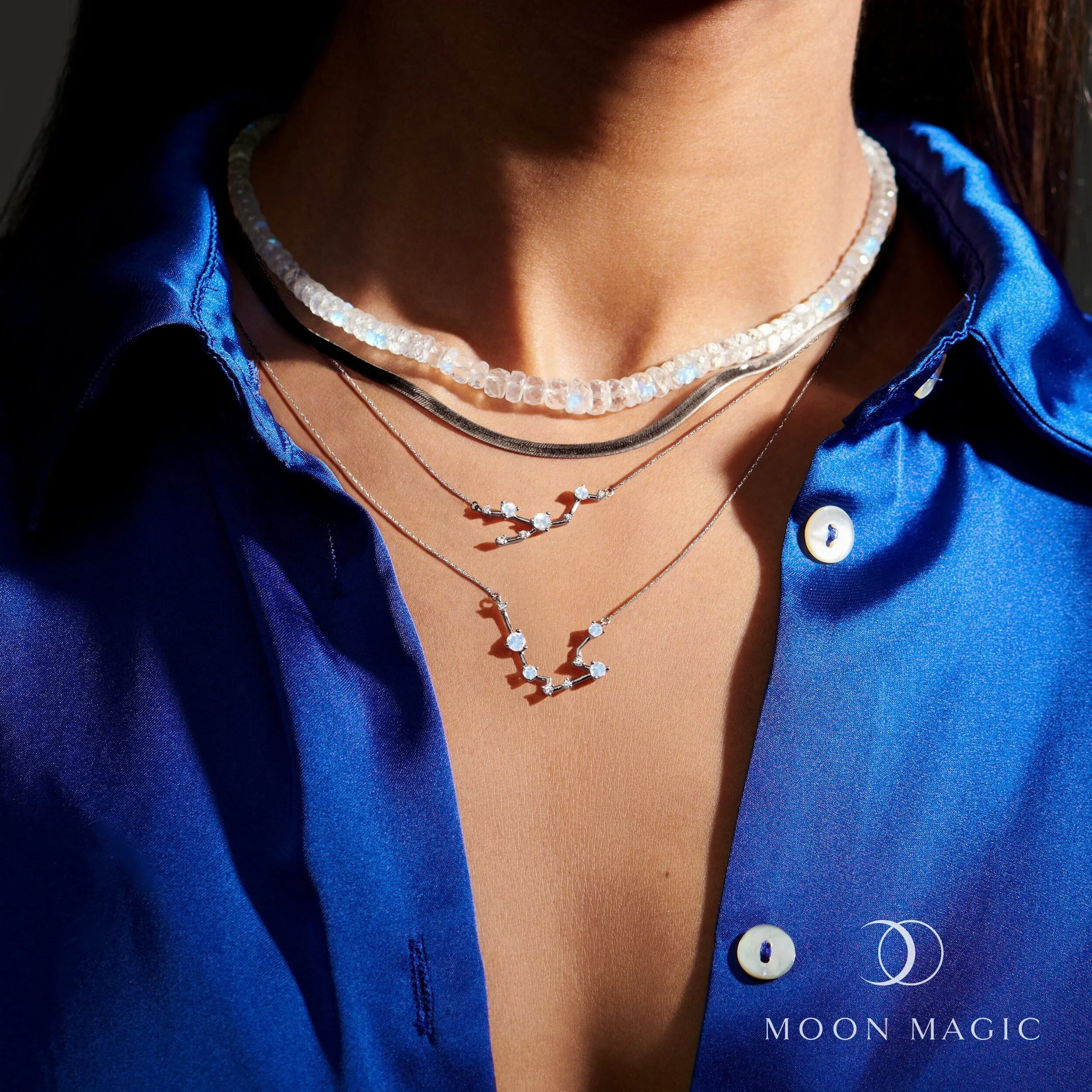 Moonstone Diamond Necklace - Aquarius Zodiac Constellation