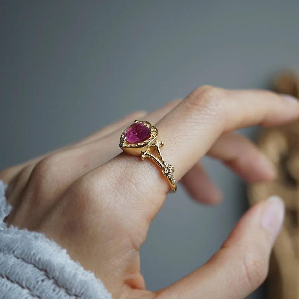 One Of A Kind: Gothic Pink Tourmaline Heart Ring in 14K and 18K Gold