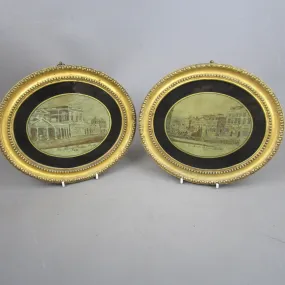 Pair Of Gold Framed Silk Needle Works Of Bath Pump Works & North Parade Building Antique Georgian c1790