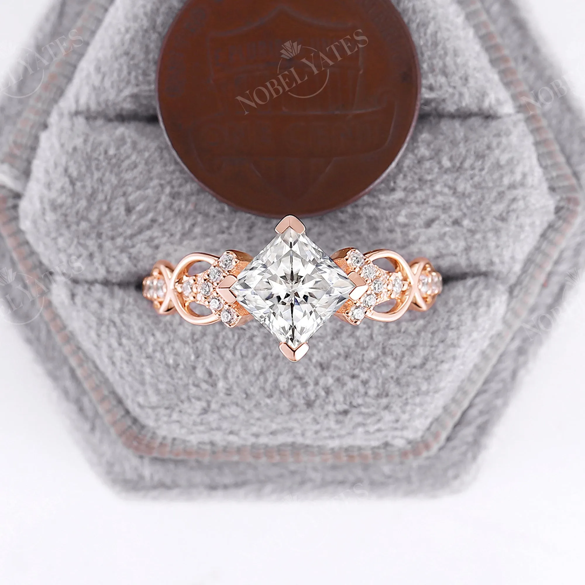 Princess Cut Moissanite Rose Gold Unique Twist Engagement Ring