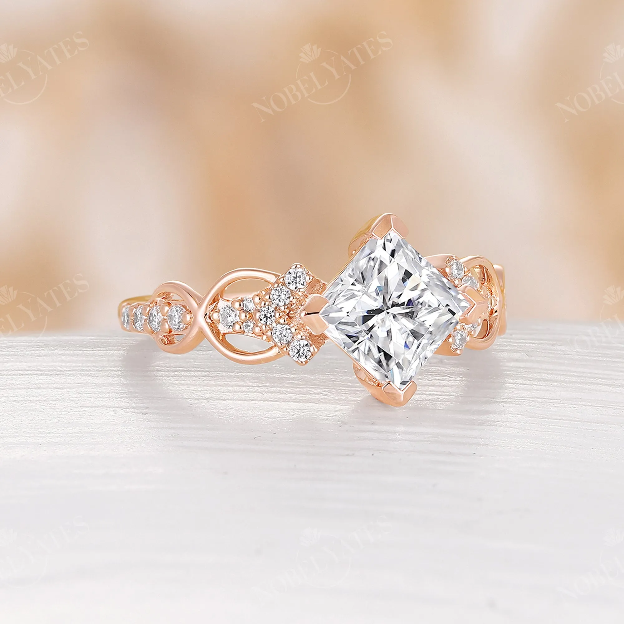 Princess Cut Moissanite Rose Gold Unique Twist Engagement Ring