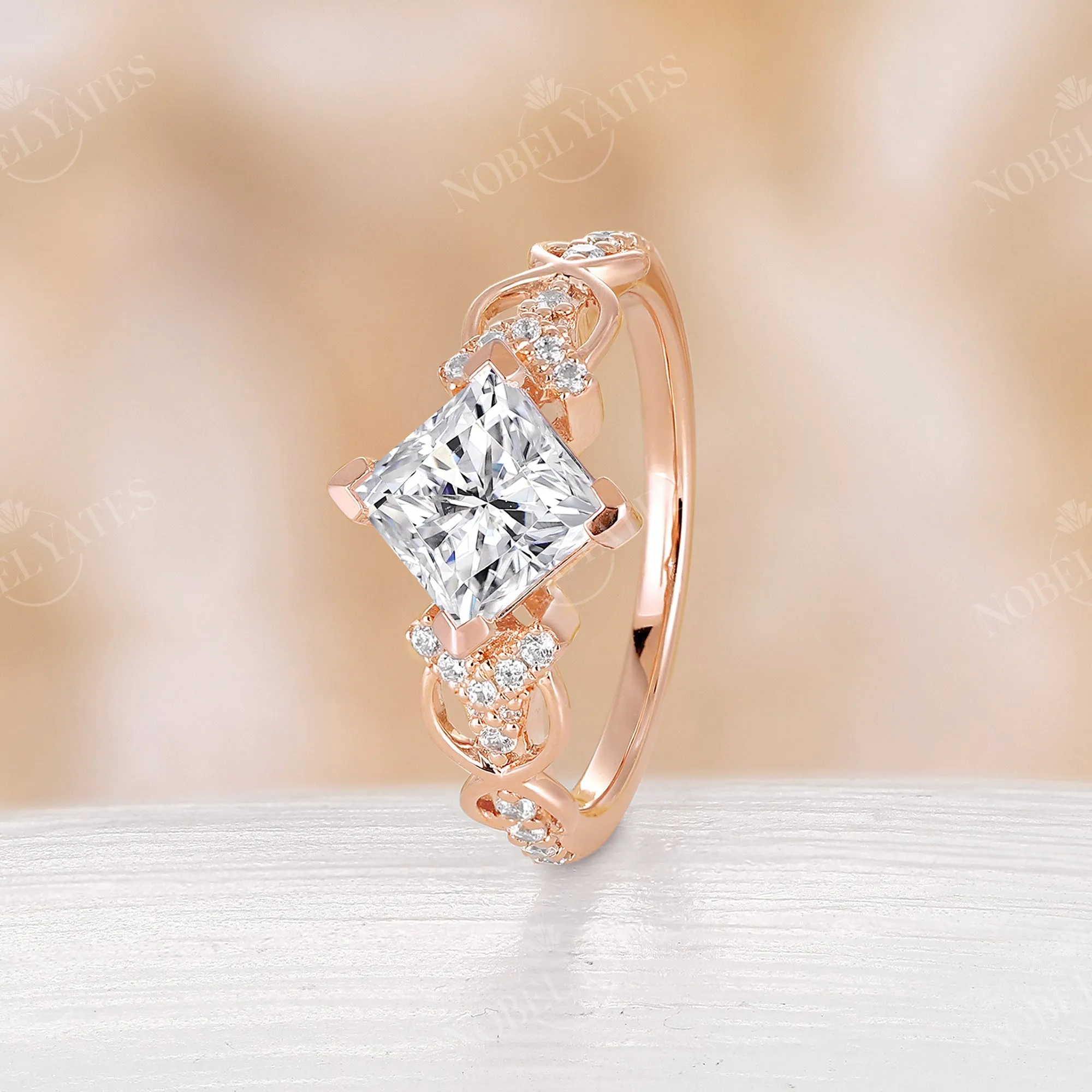 Princess Cut Moissanite Rose Gold Unique Twist Engagement Ring