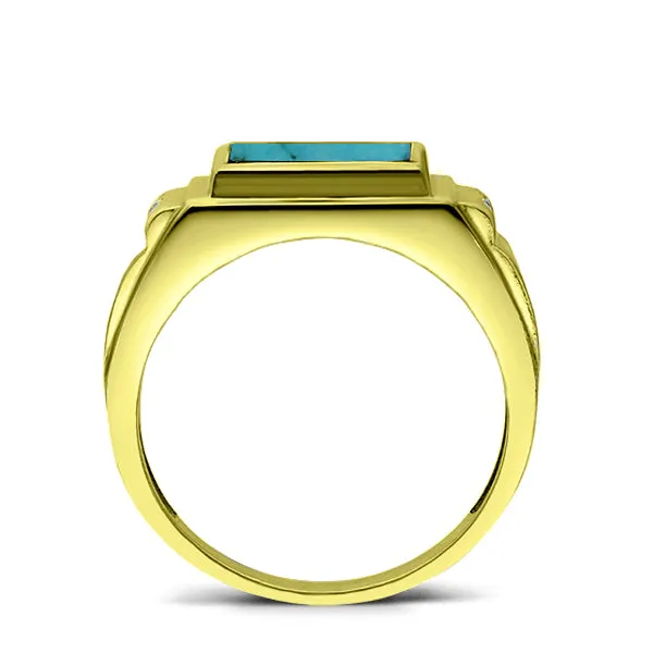 Real Fine 14K Yellow Gold Turquoise Mens Ring 0.04ct Natural 2 Diamonds All Sz