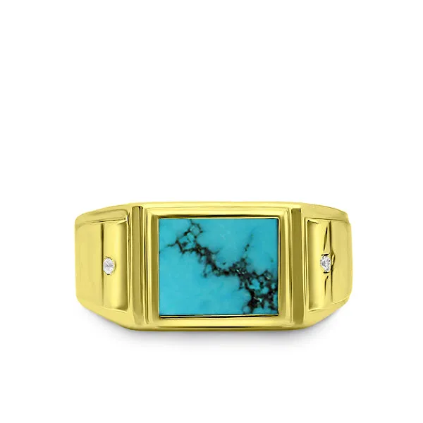 Real Fine 14K Yellow Gold Turquoise Mens Ring 0.04ct Natural 2 Diamonds All Sz