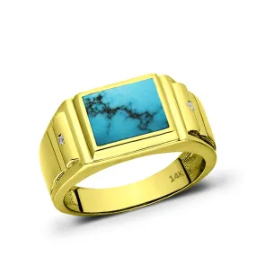 Real Fine 14K Yellow Gold Turquoise Mens Ring 0.04ct Natural 2 Diamonds All Sz