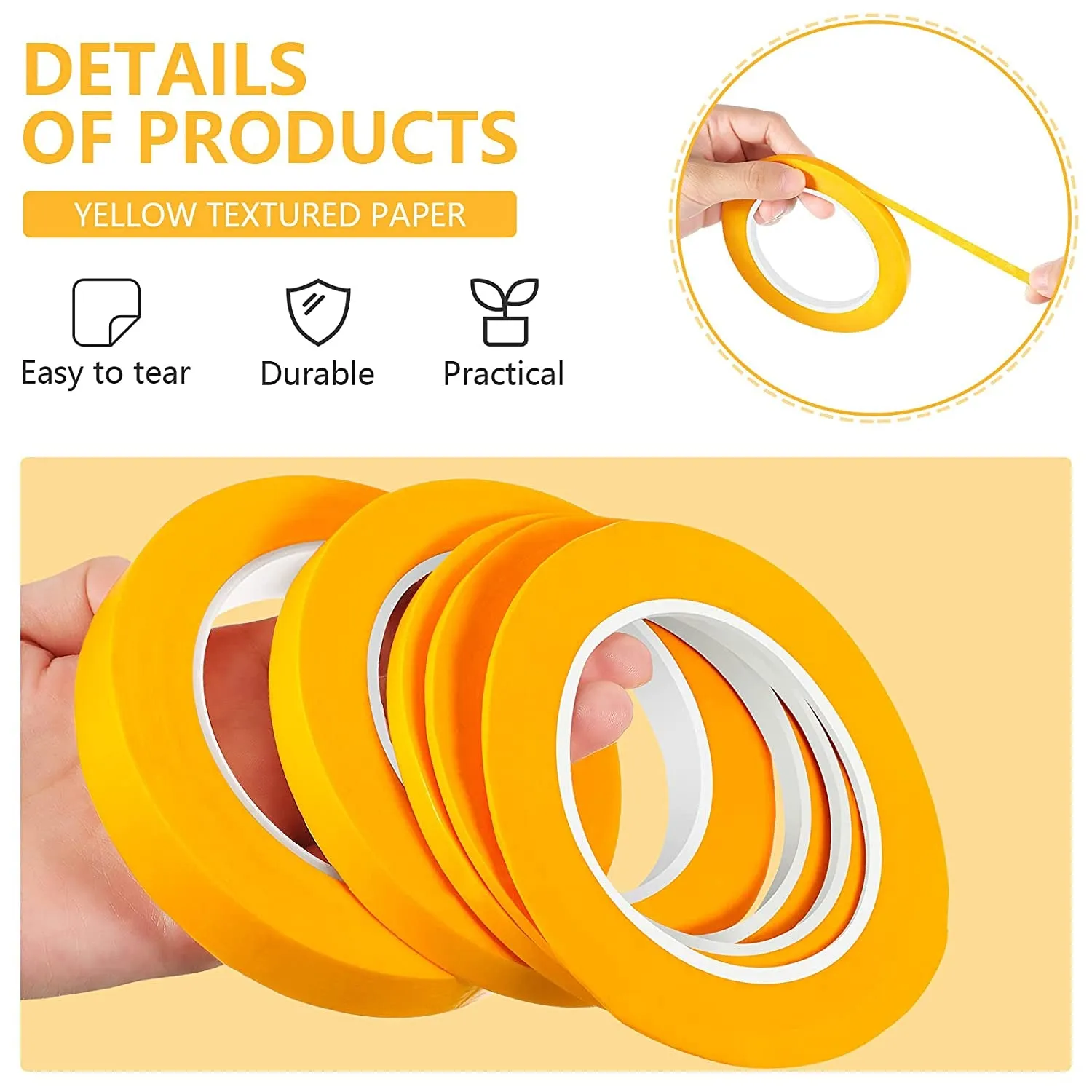 Spring 5 Rolls Pinstripe Tape 1/16, 1/8, 1/4, 1/2 and 3/4 Inch X (Yellow)