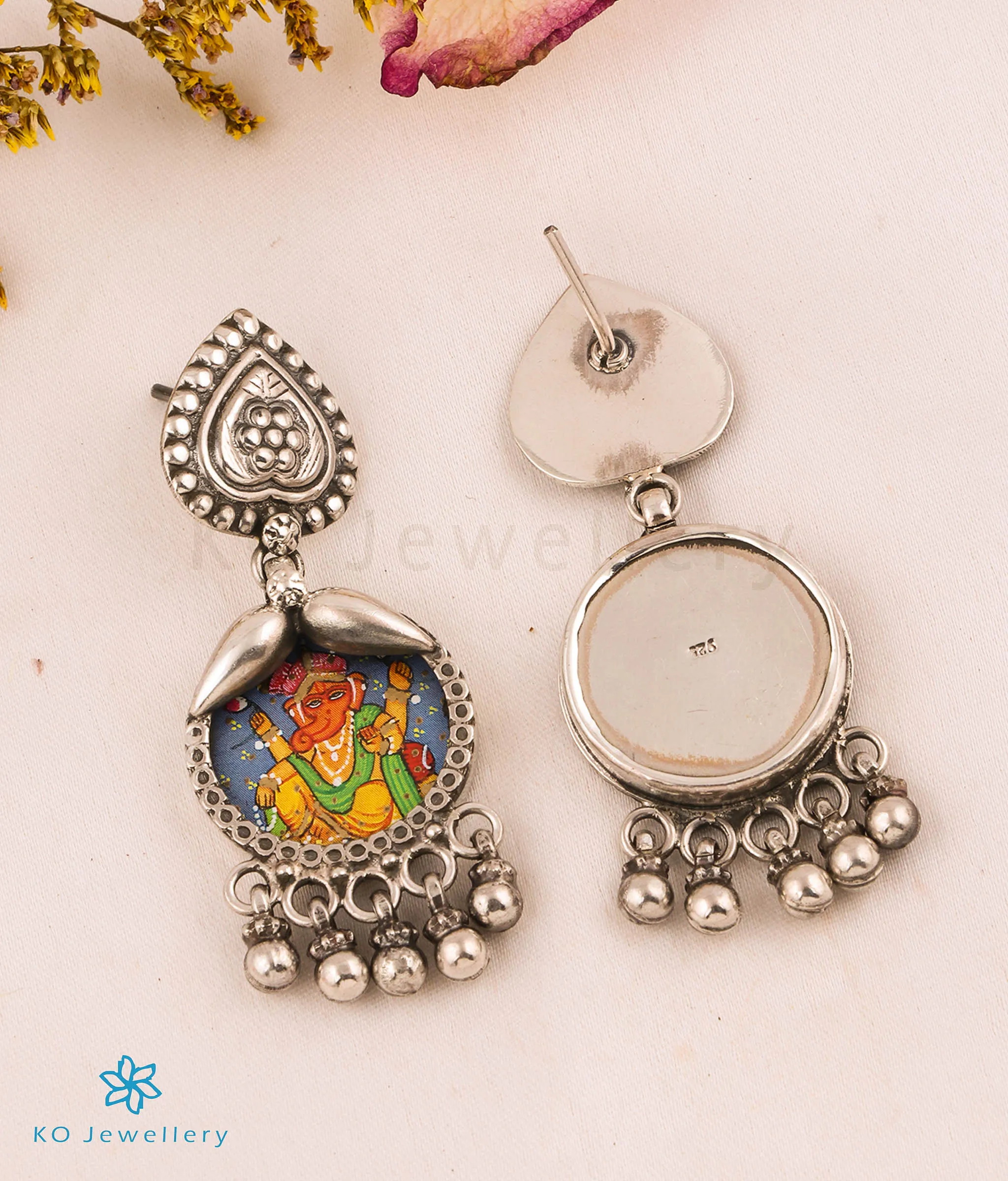 The Siddhipriya Silver Antique Handpainted Ganesha Necklace & Earrings