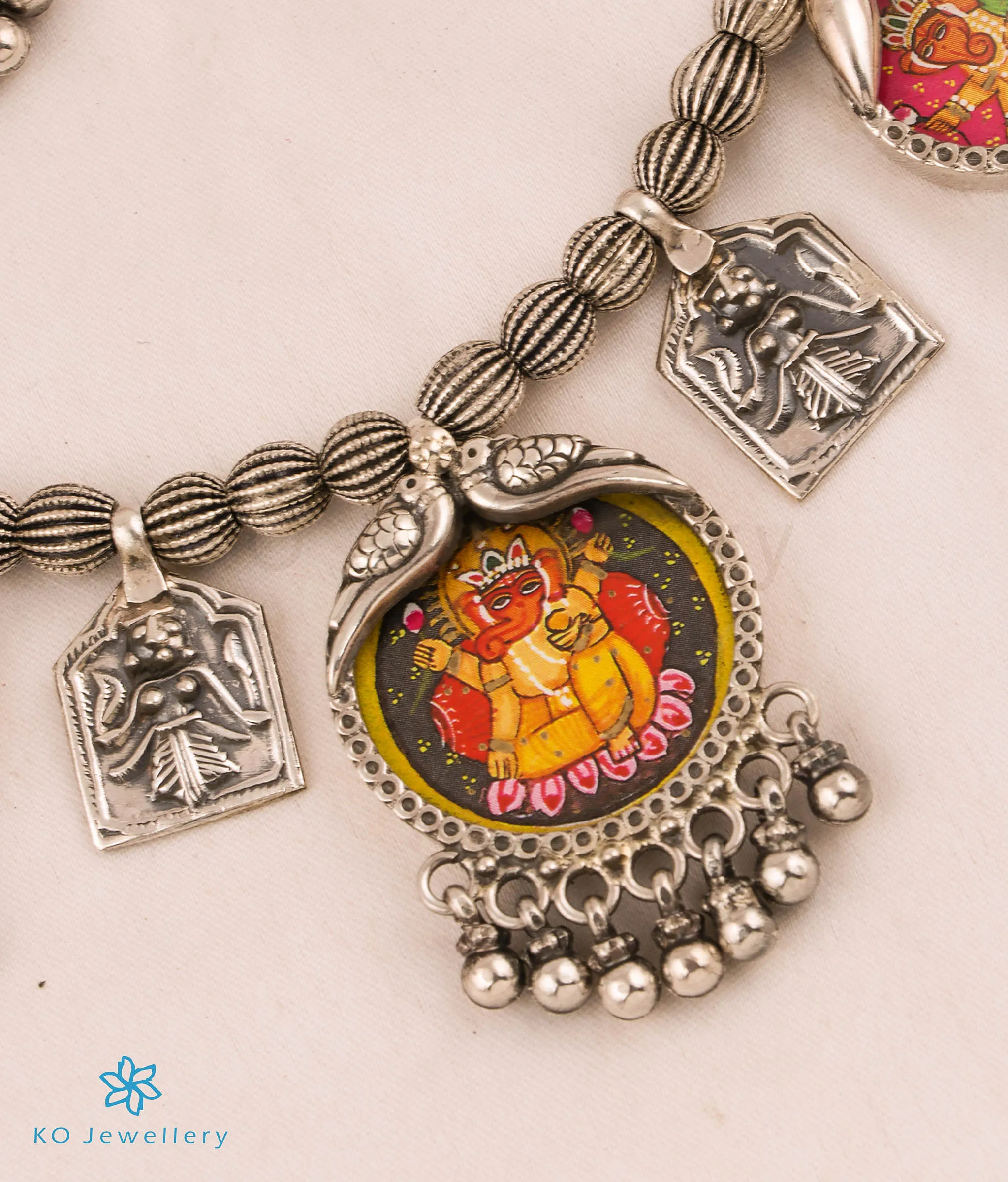 The Siddhipriya Silver Antique Handpainted Ganesha Necklace & Earrings