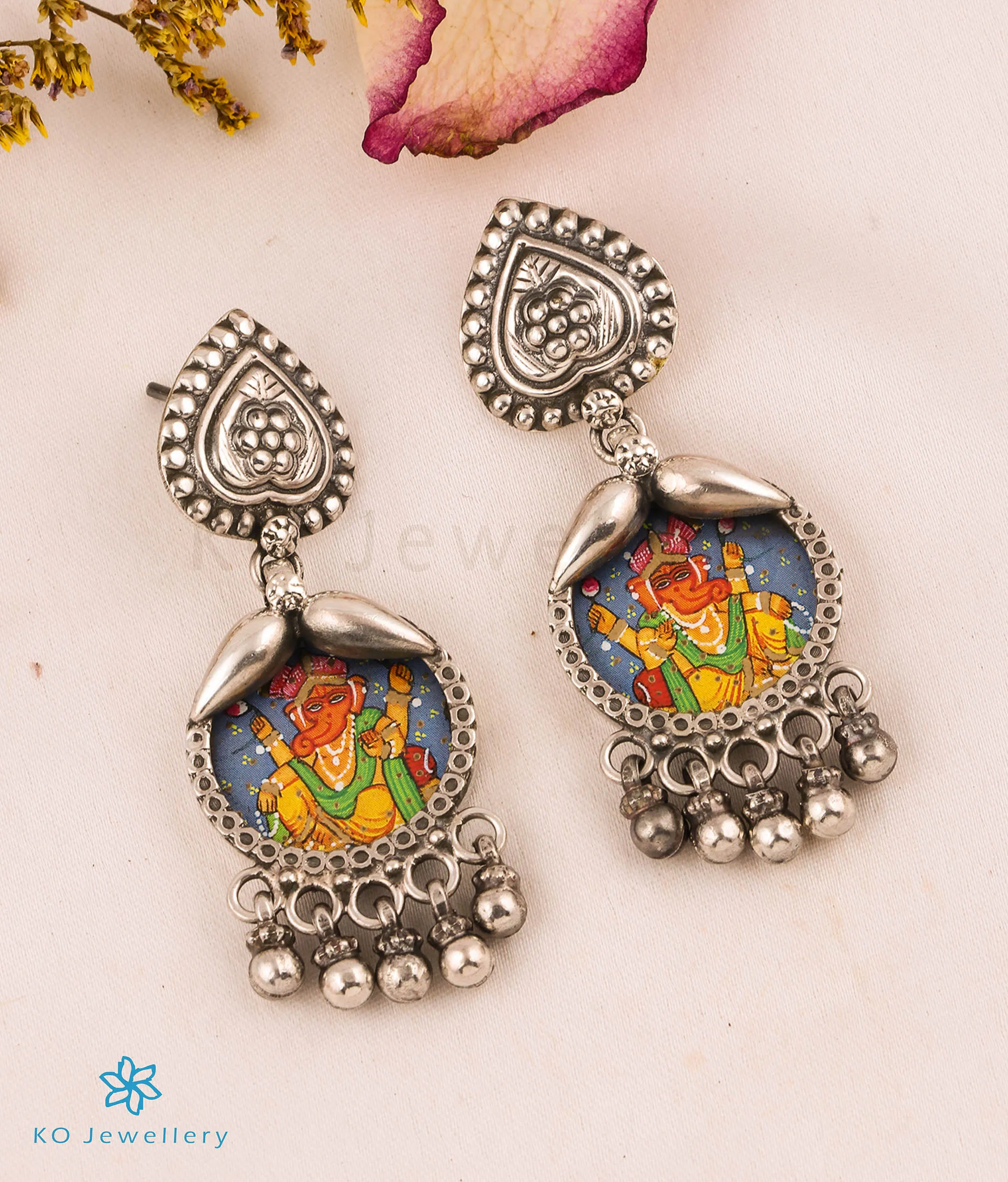 The Siddhipriya Silver Antique Handpainted Ganesha Necklace & Earrings