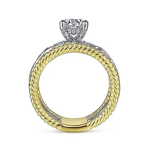 Two-tone Vintage Engraved Round Cut Engagement Ring