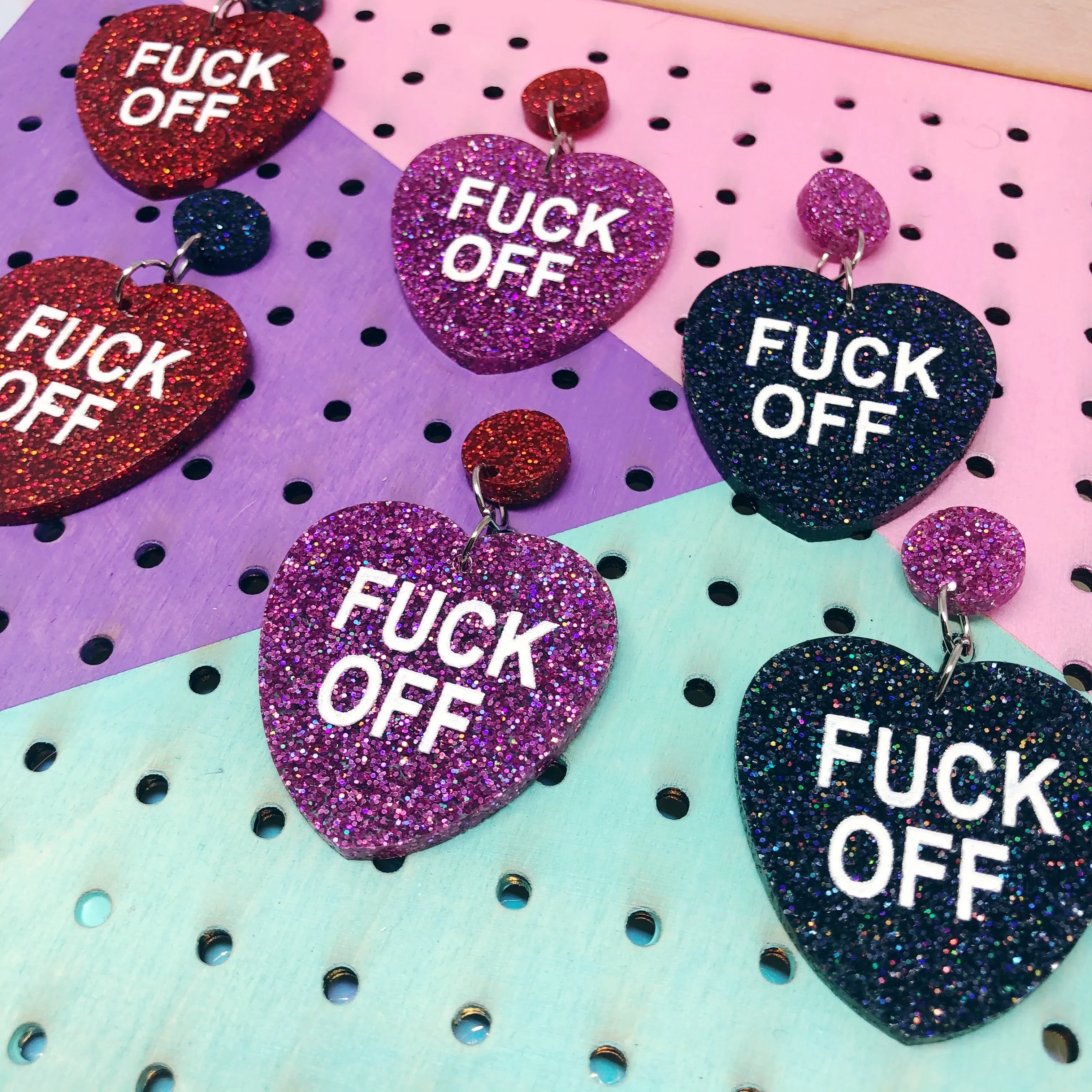 Valentines Day Fuck Off Glitter Heart Conversation Dangle Earrings