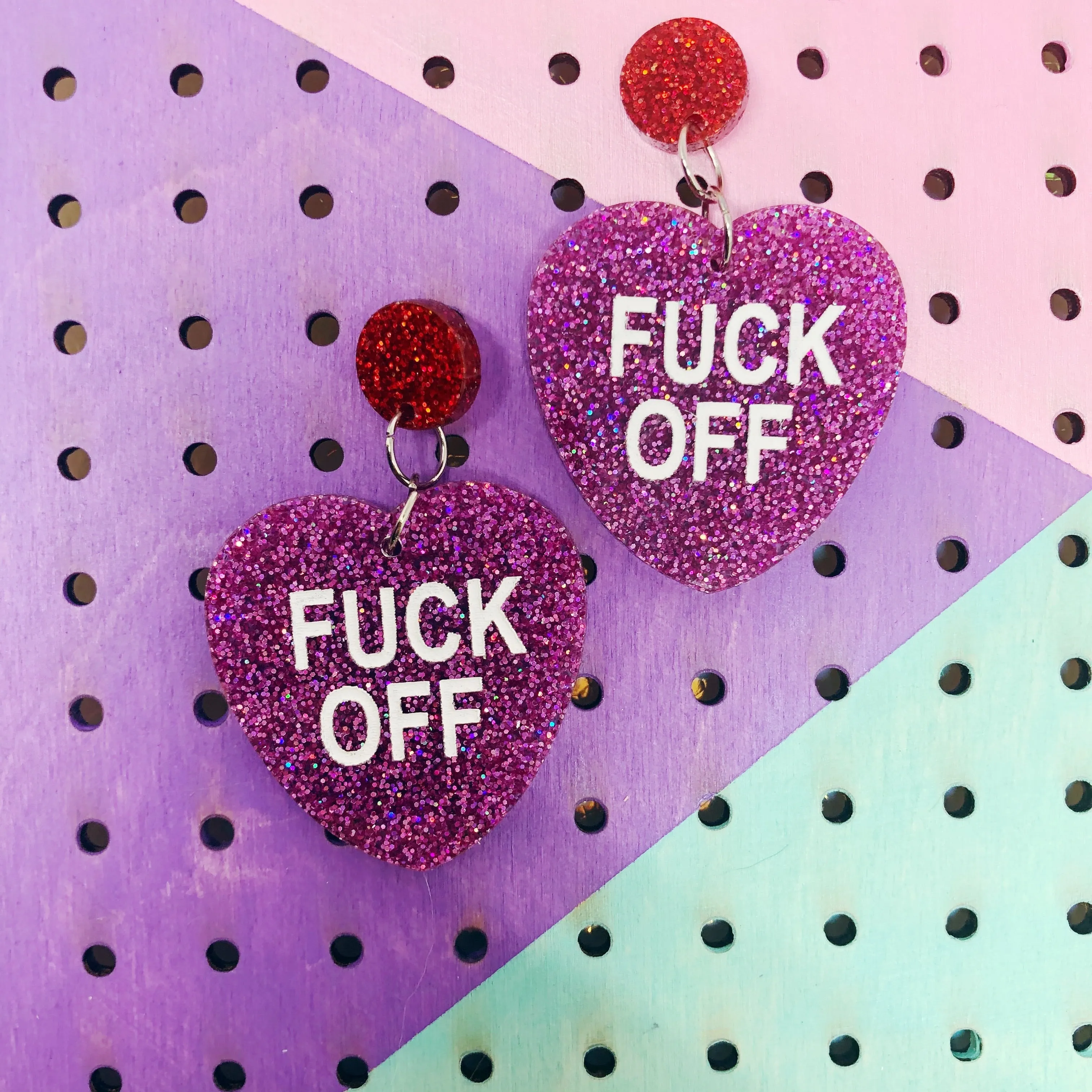 Valentines Day Fuck Off Glitter Heart Conversation Dangle Earrings