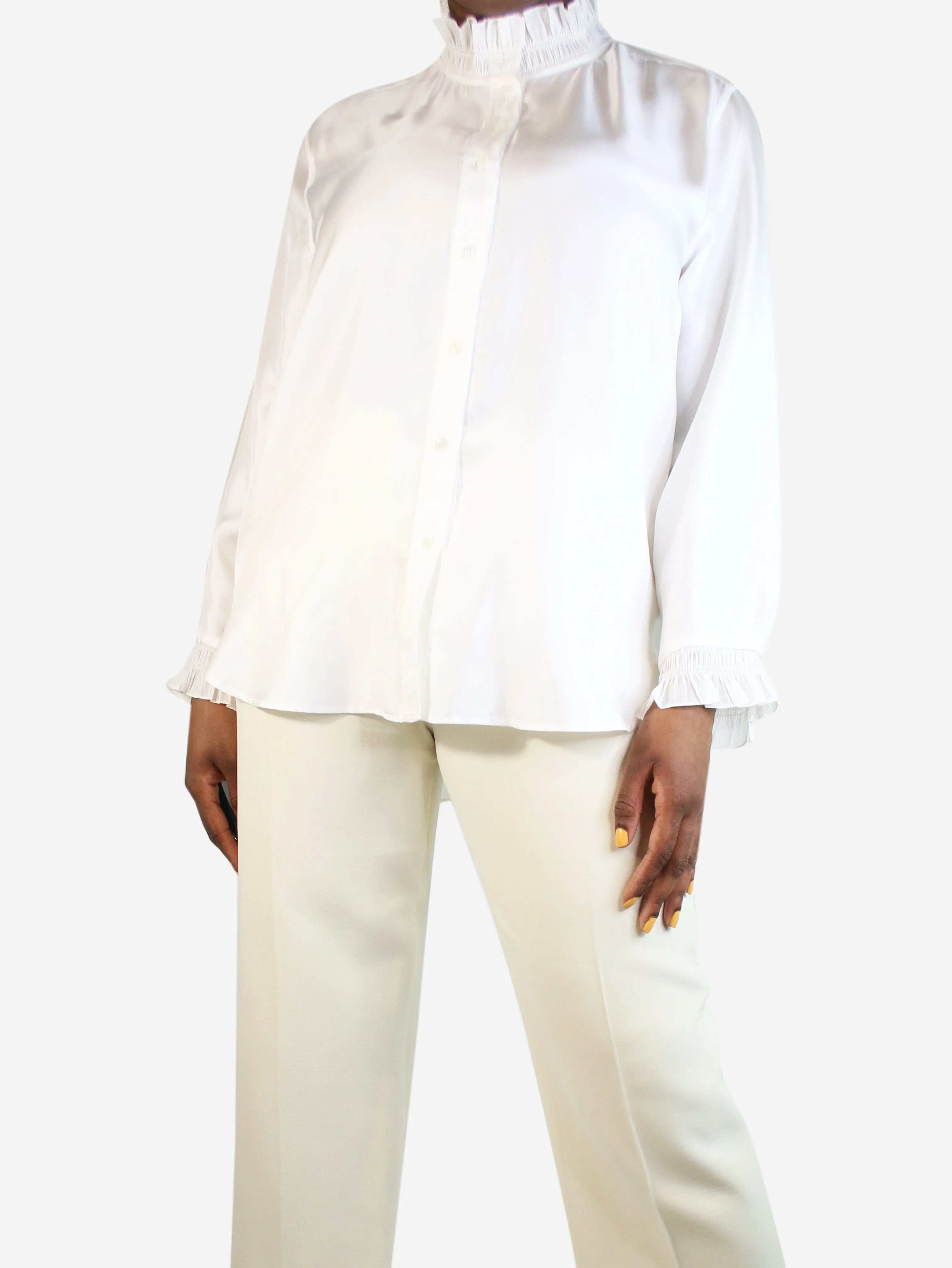 White ruffle trim silk shirt - size UK 12